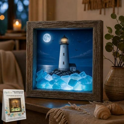 Coastal Lighthouse Sea Glass Shadow Box Night Light Nautical Beach Lamp Home Decor DIY Wooden Picture Frame Ocean Theme Craft Kit Starfish Shells Art Bedside Reading Corner Gift for Adult(#2,Battery) by Unknown