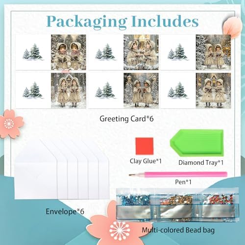 jinglinhh 6pcs Christmas Girl Reading Diamond Art Painting Greeting Cards with Envelopes, DIY Card Making Kits for Adults, Diamond Art Postcards Christmas Cards Craft Gifts - Image 3