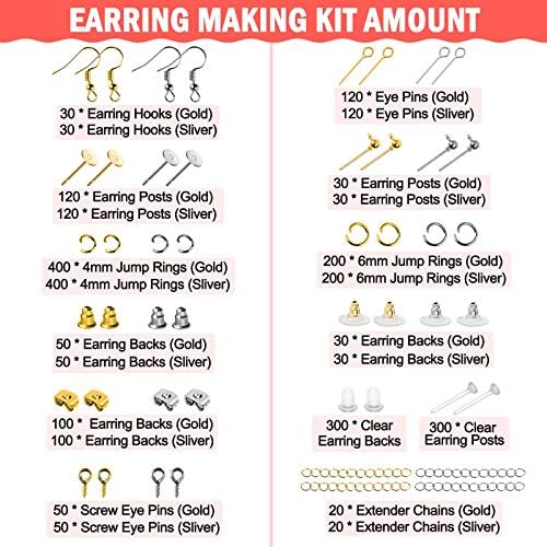 Earring Making Supplies Kit, Caffox 2900pcs Earring Hardware Pieces Repair Parts with Earring Hooks Posts Backs and Jump Rings for Making Earrings Studs and Jewelry Making (Silver & Gold) - Image 4