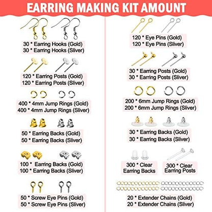 Earring Making Supplies Kit, Caffox 2900pcs Earring Hardware Pieces Repair Parts with Earring Hooks Posts Backs and Jump Rings for Making Earrings Studs and Jewelry Making (Silver & Gold) - Image 4