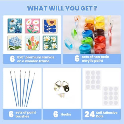 Bowetile 6 Pack Framed Paint by Numbers Kit for Adults Beginner, Flowers Adults' Paint-by-Number Kits on Canvas, Easy Acrylic Number Painting Kits Home Decor Gifts, 8x8in - Image 5