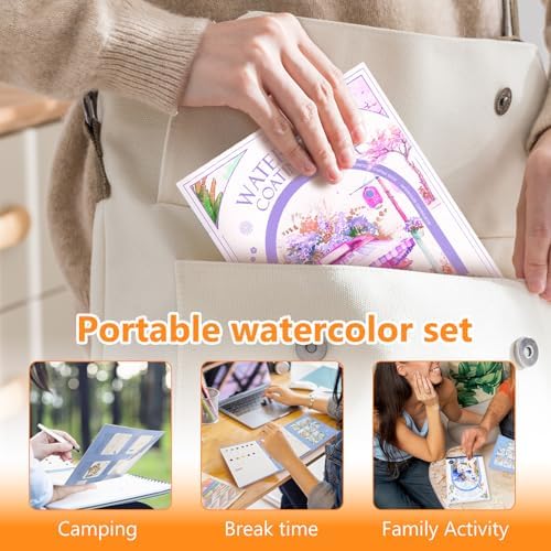 Mulyric 2-Pack Watercolor Painting Books for Adults & Beginners - All-in-One Creative Stress Relief Art Kit with 3-Fold Pad, 32 Pre-Printed Pages, 24 Colors & 2 Brushes (European + Serene Scenery) - Image 4