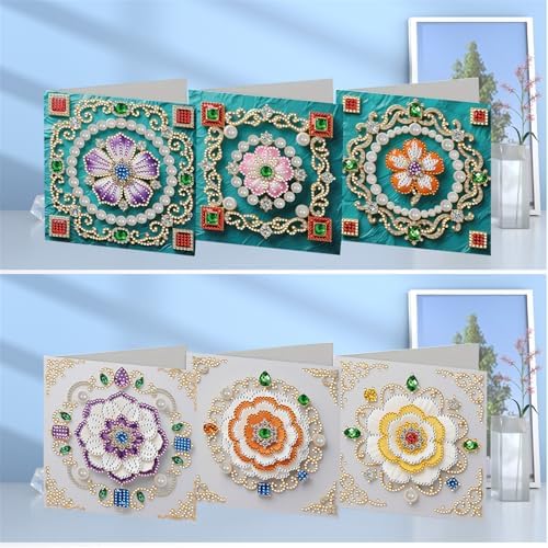 jinglinhh 6pcs Diamond Art Painting Floral Pearl Flowers Greeting Cards with Envelopes, DIY Card Making Kits for Adults, Diamond Art Postcards Christmas Cards Craft Gifts - Image 4