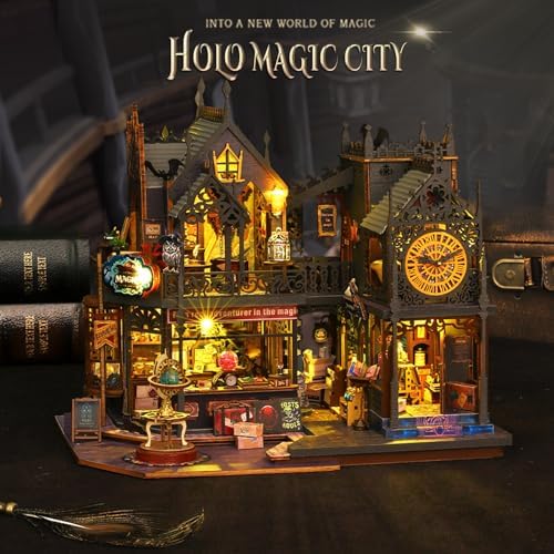 Plustopoy Miniature House Kit DIY Mini House Building Kit with LED Light, DIY Mini Dollhouse with Furniture Book Nook Kit, 3D Wooden Puzzle Wooden Bookend Shelf Insert Decro (Holo Magic City) - Image 4