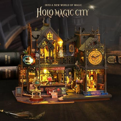 Plustopoy Miniature House Kit DIY Mini House Building Kit with LED Light, DIY Mini Dollhouse with Furniture Book Nook Kit, 3D Wooden Puzzle Wooden Bookend Shelf Insert Decro (Holo Magic City) - Image 4