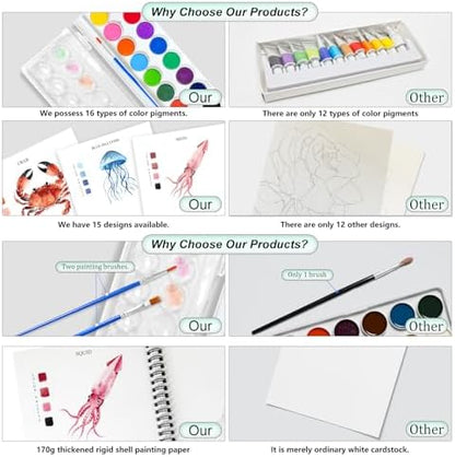 Watercolor Workbooks, 16 Colors Water Color Books Paint Set for Adults, Watercolor Coloring Book for Beginners, Water Color Workbook, 15 Beautiful Paintings for Beginners (Ocean Animals) - Image 6