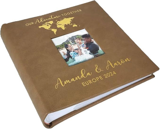 Personalized Photo Album, Custom Engraved Picture Album, Holds 200 4" x 6" Photos, Leatherette and Laser Engraved Scrapbook, Adventure Together, Brown
