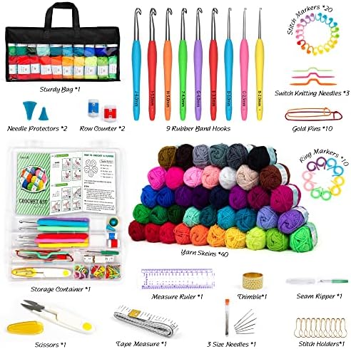 INSCRAFT 113 Piece Crochet Kit with Yarn Set– 1600 Yards Assorted Yarn for Knitting and Crochet, 73PCS Crochet Accessories Set Including Ergonomic Hooks, Knitting Needles & More Ideal Beginner Kit - Image 2