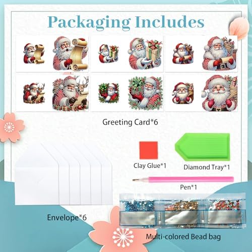 jinglinhh 6pcs Christmas Reindeer Santa Claus Diamond Art Painting Greeting Cards with Envelopes, DIY Card Making Kits for Adults, Diamond Art Postcards Christmas Cards Craft Gifts - Image 3