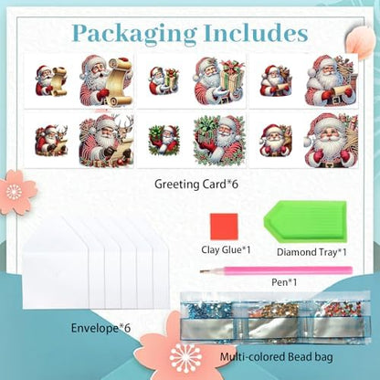 jinglinhh 6pcs Christmas Reindeer Santa Claus Diamond Art Painting Greeting Cards with Envelopes, DIY Card Making Kits for Adults, Diamond Art Postcards Christmas Cards Craft Gifts - Image 3
