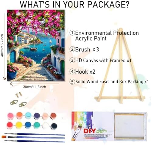 MIRCVSH Scenery Paint by Numbers Kit for Adults,Framed Landscape Paint by Number Kits on Canvas with Brushes,Flowers and Sea Oil Painting Kits with Wooden Easel for Home Wall Decor 12X16 Inch. - Image 2