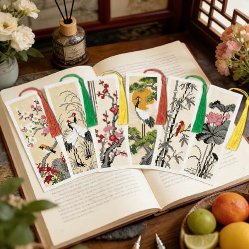 ACRNIGHEET 6PCS Cross Stitch Bookmark Kit for Beginner Chinese-Style Stamped Cross Stitch Kits Needlepoint Kit for Adults DIY Tassel Embroidery Bookmark Kits with Instructions Craft Gift 8.5"x3" 11CT - Image 6