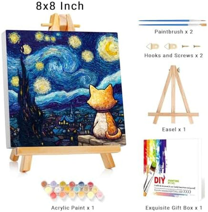 Framed Paint by Numbers Kit for Adults Beginner & Kids Ages 8-12 Starry Night Adult Paint by Number Kits on Canvas with Easel Cat Painting by Numbers for Adults with Frame DIY Painting Kits 8x8 Inch - Image 2