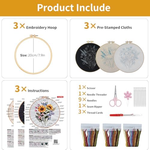 3 Packs Embroidery Kit for Adults, Embroidery for Beginners (Flower) - Image 3