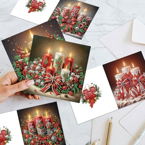 jinglinhh 6pcs Christmas Bow Candle Diamond Art Painting Greeting Cards with Envelopes, DIY Card Making Kits for Adults, Diamond Art Postcards Christmas Cards Craft Gifts - Image 5