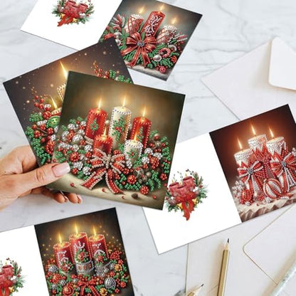 jinglinhh 6pcs Christmas Bow Candle Diamond Art Painting Greeting Cards with Envelopes, DIY Card Making Kits for Adults, Diamond Art Postcards Christmas Cards Craft Gifts - Image 5