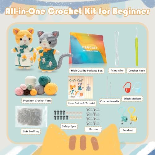 Youkali Crochet Kit for Beginners, Crochet Starter Kit with Step-by-Step Video Tutorials, Easy Beginner Crochet Kit for Adults, Crochet Animals Crafts Crochet Kits, Easy Knitting Kit. (Cat) - Image 2