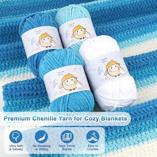 Reessy Crochet Blanket Kit for Adult Beginners, Blue Ombre Chenille Yarn - Image 2