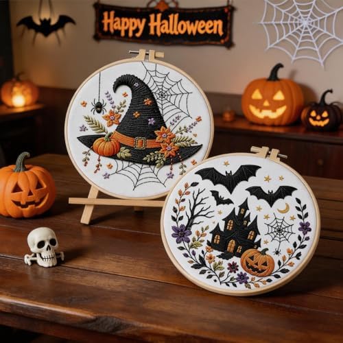 Halloween Embroidery Kit, Skeleton Cross Stitch Kits, 4 Set Craft Kits for Beginners with Pre-Printed Embroidery Fabric, Hoops, Step-by-Step Instructions, Color Threads & Needles (Halloween-4 Set) - Image 3