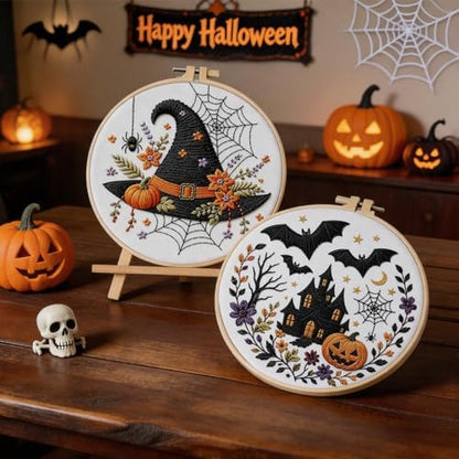 Halloween Embroidery Kit, Skeleton Cross Stitch Kits, 4 Set Craft Kits for Beginners with Pre-Printed Embroidery Fabric, Hoops, Step-by-Step Instructions, Color Threads & Needles (Halloween-4 Set) - Image 3