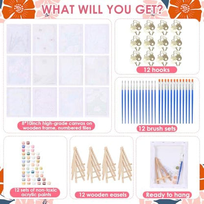 RoundFunny 12 Set Paint by Numbers Kit for Adults Flowers Painting 8x10 - Image 2