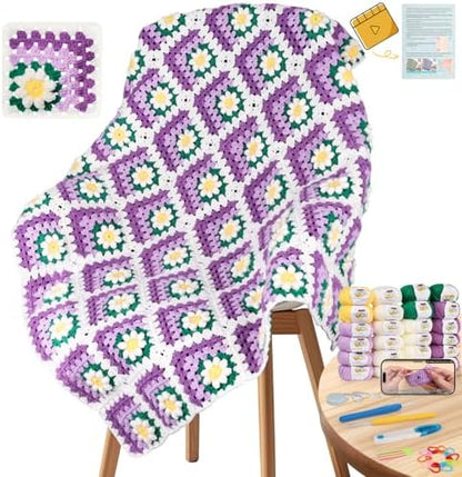 Coopay Crochet Blanket Kit for Beginners, Easy 3D Granny Square Blanket Kit by Coopay