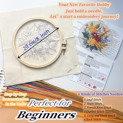 FONNUY Floral Embroidery Kit for Beginners, Colorful Flowers Pre-Stamped Pattern Kits for Adults with Hoop, Thread Needlework, 8'' Hoop (Zinnia) - Image 5