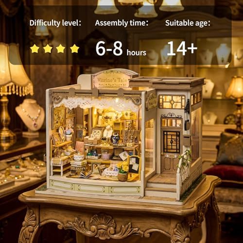 fifijoy DIY Miniature Dollhouse Kit - Jewelry Shop DIY Miniature House Kit for Adults and Teens, 3D Wooden Puzzle Tiny House Model with LED Light, Unique Gift for Family, Friends (Vitrine’s Tale) - Image 6