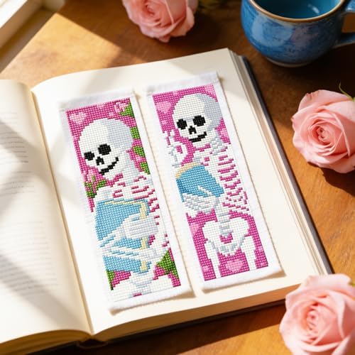 ACRNIGHEET 6PCS Stamped Cross Stitch Bookmark Kit Beginners Halloween Skull - Image 6