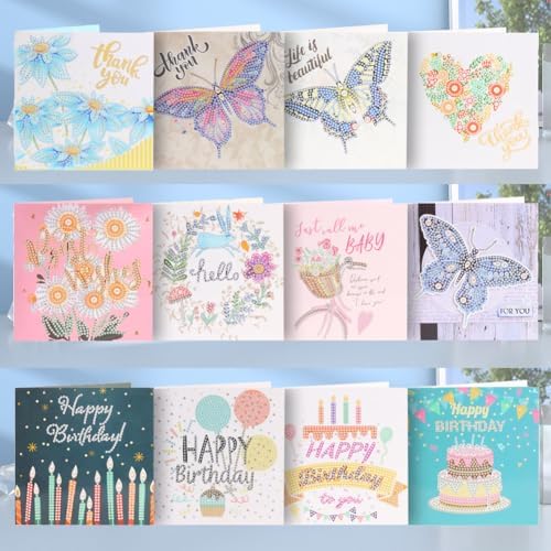 12Pcs DIY Diamond Art Greeting Cards Kit with Envelopes&Tools - Create Your Own Sparkling Birthday, Thank You, Holiday Cards for Adults & Beginners(Happy Birthday) - Image 2