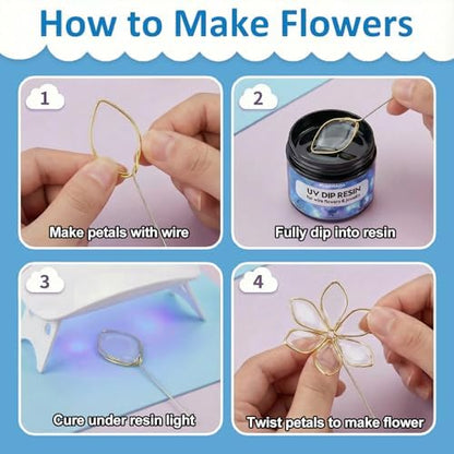 25PCS UV Dip Resin Kit for Wire Flowers Jewelry, 100g UV Dip Resin with Light Set, Crystal Clear Fast Curing Resin, Silicone Mat, UV Dip Epoxy Resin Jewelry Making Kit Supplies, DIY Art Crafts - Image 4