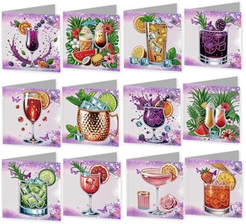12 Pack Flower Diamond Painting Greeting Kits Fruit Drinks DIY 5D Diamond Art with Envelopes & Rhinestones, Creative Christmas Birthday Gifts for Adults, Family, Friends by Unknown