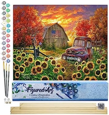 Figured'Art Paint by Numbers Kit for Adults Sunflowers in Front of The barn 16"x20" - Craft Art Painting Rolled Canvas with DIY Wooden Frame by FiguredArt