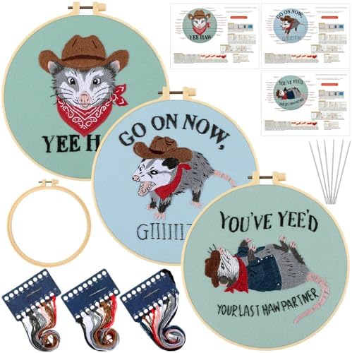 Mindsoft 3 Set Needlepoint Kit for Beginners with Hoop,Cowboy Possum by Mindsoft