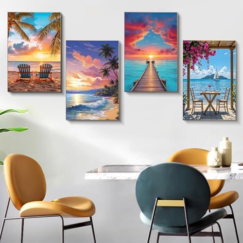 4 Pack Framed Paint by Numbers Kit for Adults Beach with Wooden Easel - Image 2