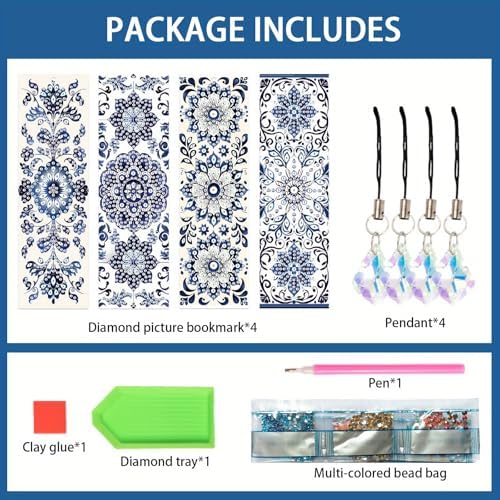 4pcs Diamond Art Bookmark Set - Blue and White Porcelain Pattern, Crystal Water Diamond Art Gift with Diamond Pendant, Suitable for Office, School Reading Enthusiasts, DIY Crafts Gifts, Birthday Gifts - Image 3