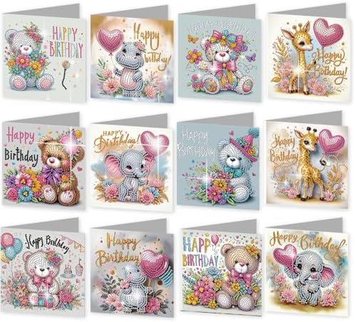 Diamond Art Painting Birthday Cards 12 Pack Cute Animal DIY Craft by C%27eitura