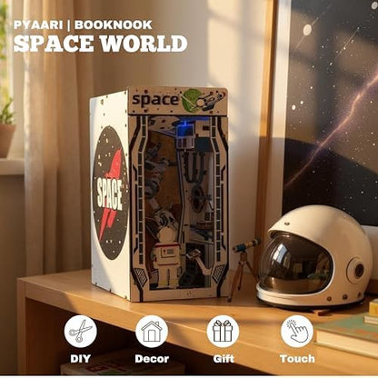 Space World Book Nook Kit, Astronaut 90-Piece DIY Miniature LED Doll House, 3D Wooden Puzzle BookNook Kit for Adults, Tiny Home Model Building Kit for Book Lovers & Beginners, Bookshelf Decor - Image 2