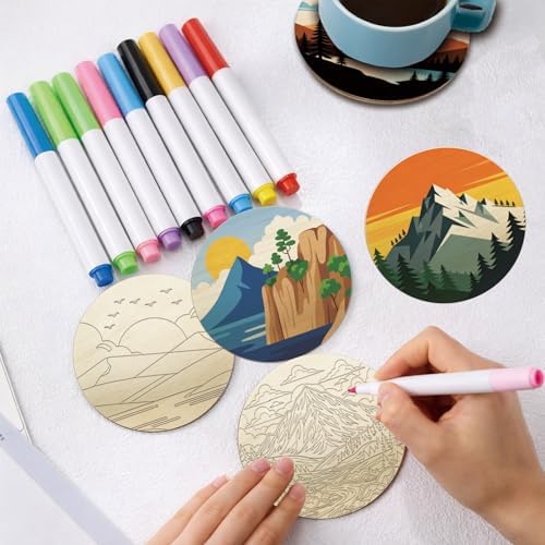 26PCS Wood Coasters Craft Kit 10 Paint You Own Coaster with 16 Markers Wooden Coasters Painting Set for Adults Beginners DIY Coaster Kit Landscape Painting Crafts Art Supplies(Landscape) - Image 5