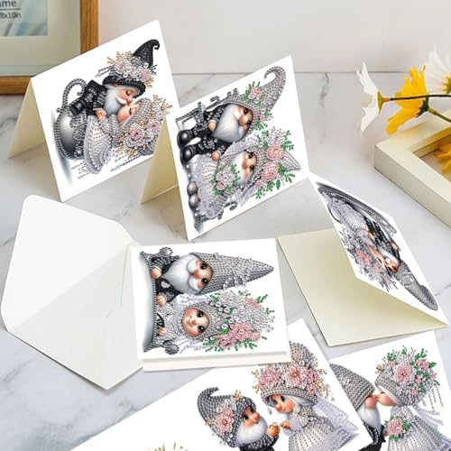 AiYuanzsh Set of 6 Gnome Diamond Painting Greeting Cards – 5D DIY Craft Kits for Handmade Bride and Groom Cards, Perfect for Wedding Gifts and Anniversaries - Image 6
