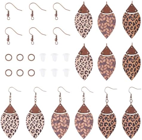 Elecrelive 3 Pairs Leopard Print Earrings Making Kits Brown Wooden Charms Leaf Pattern Wood Earring Blanks Oval Dangle Pendants with Jump Rings DIY Craft Jewelry by EEEELECRELIVE