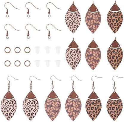 Elecrelive 3 Pairs Leopard Print Earrings Making Kits Brown Wooden Charms Leaf Pattern Wood Earring Blanks Oval Dangle Pendants with Jump Rings DIY Craft Jewelry by EEEELECRELIVE