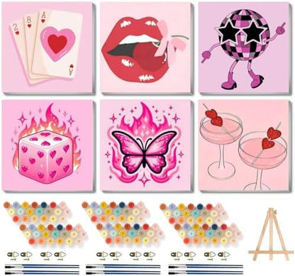 6 Pack Framed Adult Paint by Number Beginners with Wooden Easel,Pink Vintage Adults' Paint-by-Number Kits,Retro DIY Acrylic Paint Kit with Frame,Easy Paint by Numbers Canvas for Decor 8x8 inch by Canrichshop