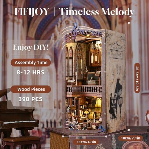 fifijoy Book Nooks, DIY Miniature Book Nook Kit Music, 3D Wooden Puzzle Bookends for Bookshelf Insert Decor with Led Light for Teens and Adults (Timeless Melody) - Image 3