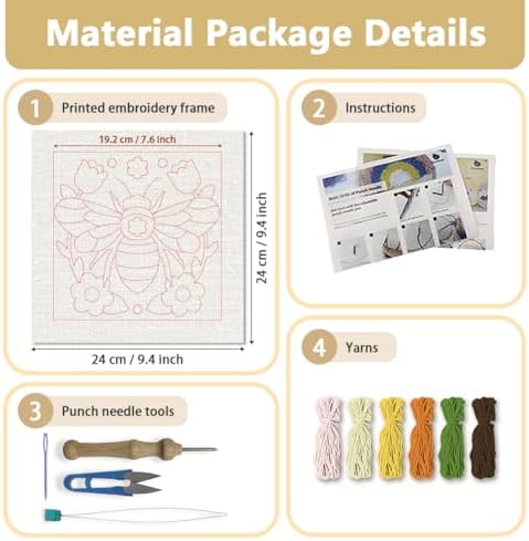 DOODLREAM Bumble Bee Flower Needle Kit for Beginner, 9.4"x 9.4" Cute Garden Bee Punch Stitching Craft Set, DIY Embroidery Starter with Printed Frame, Instruction, Threader, Yarn, Pinch Needle - Image 2