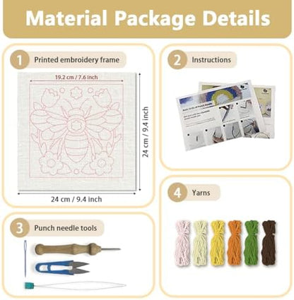 DOODLREAM Bumble Bee Flower Needle Kit for Beginner, 9.4"x 9.4" Cute Garden Bee Punch Stitching Craft Set, DIY Embroidery Starter with Printed Frame, Instruction, Threader, Yarn, Pinch Needle - Image 2