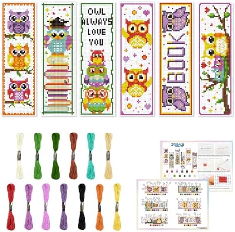 ORIGACH 6 Set Cross Stitch Bookmark Kit for Beginner Owl Pattern DIY Stamped Embroidery Bookmark Kit with 13 Colors Embroidery Floss Instructions by ORIGACH