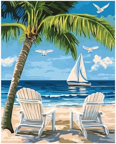 xcemhil Beach Paint by Numbers Kit for Adults, Paint by Number Palm Tree, Seaside Paint by Numbers Kit for Adults Beginner for Gift and Home Wall Decor 16x20 Inch by Unknown