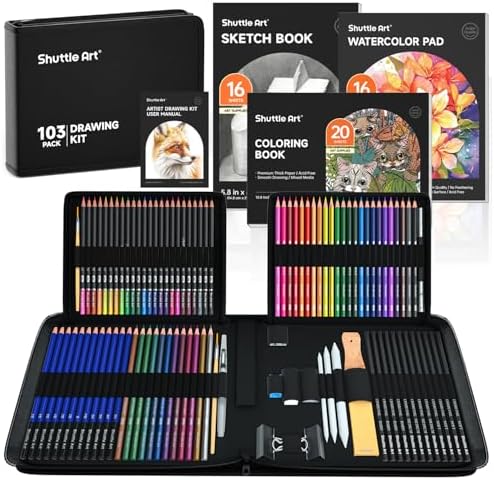 Shuttle Art 103 PCS Drawing Kit, Professional Drawing Supplies with Sketch, Charcoal, Colored, Graphite, Pastel Pencils & Sticks, Complete Drawing Tools and Paper Pads in Zipper Case for Artists&Kids by ShuttleArt