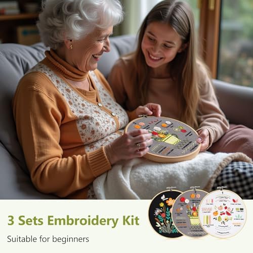 Santune 3 Pack Beginner Embroidery Kits for Adults DIY Starter Kit with 33 Stitch Techniques, Stamped Patterns, Embroidery Hoop, Colorful Threads,Stitch Video Tutorial - Image 3